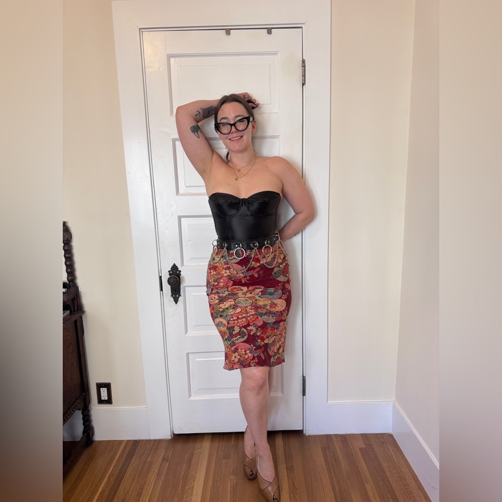 90s-Y2K Vintage Fan Print Slip Midi Skirt Sz M